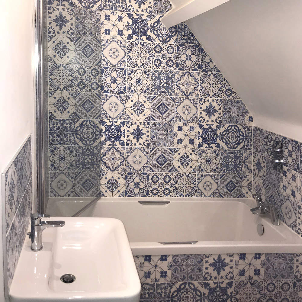 Blue patterned bathroom wall tiles