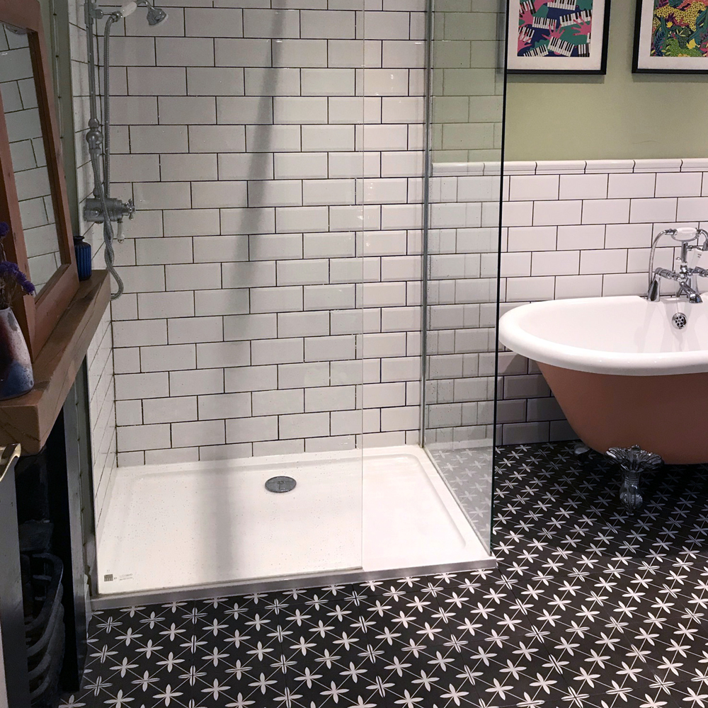 Black oakham patterned bathroom floor tiles