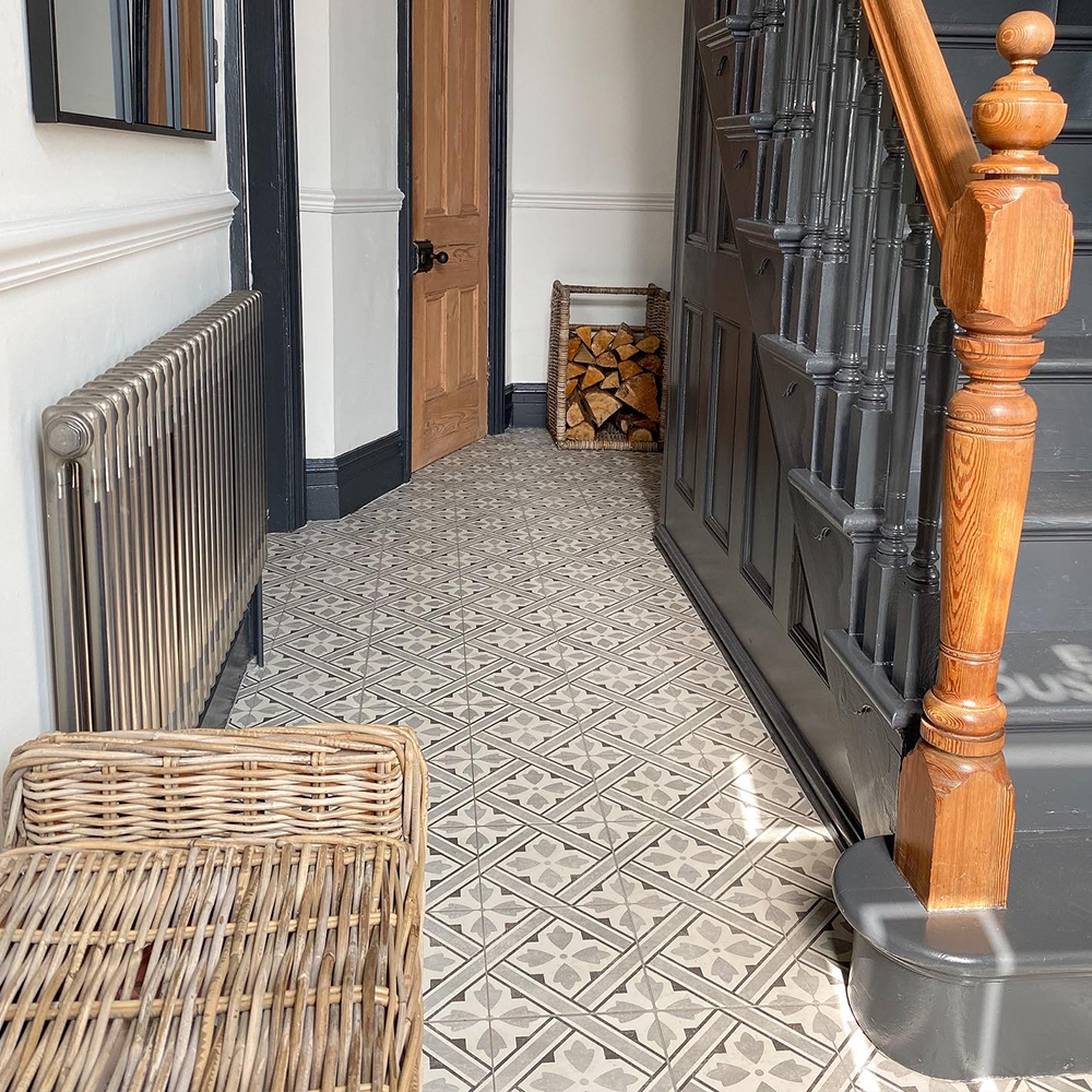 Grey patterned Mr Jones hallway floor tiles