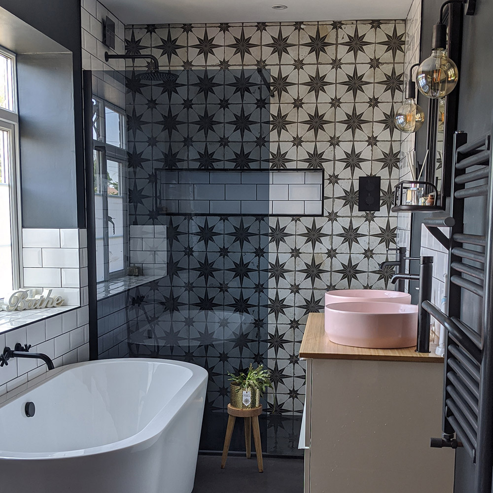 Scintilla patterned bathroom feature wall tiles