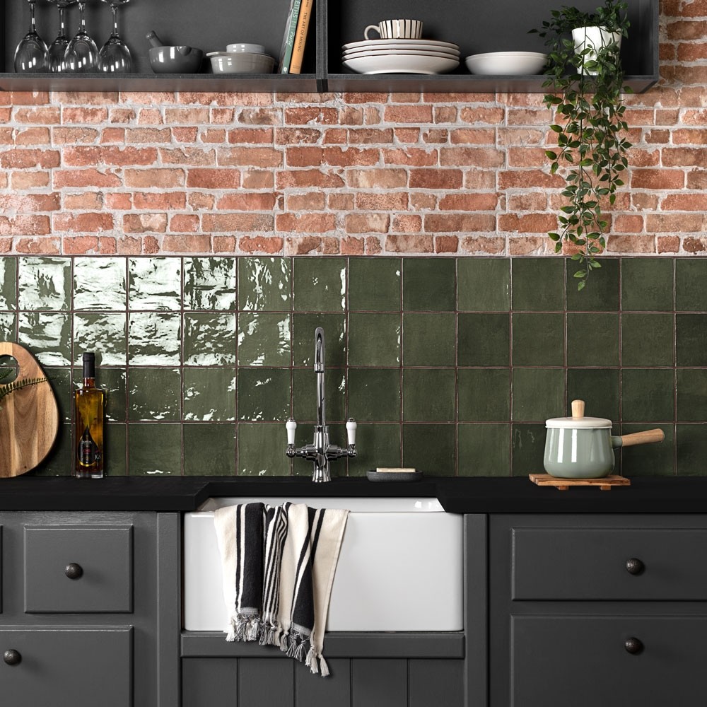 Modern country style green tiles in kitchen 