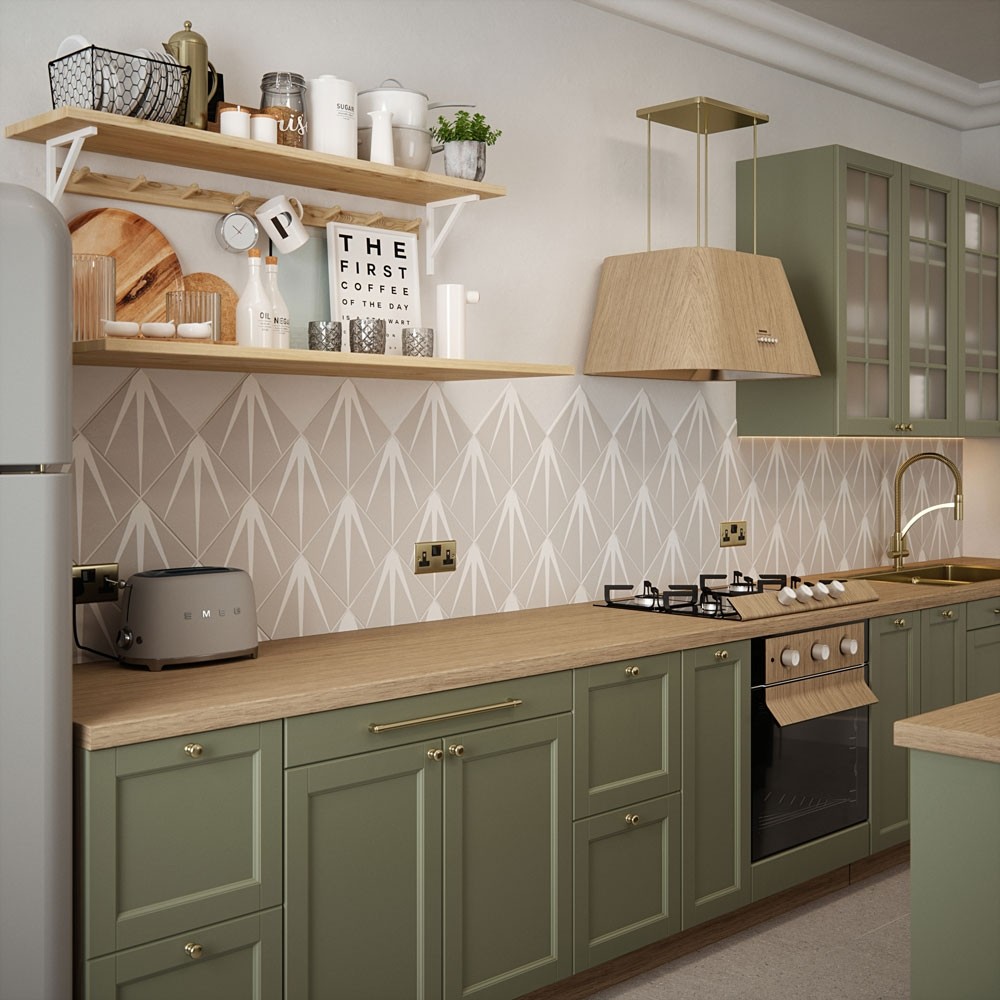 Modern country style patterned tiles in light green kitchen 
