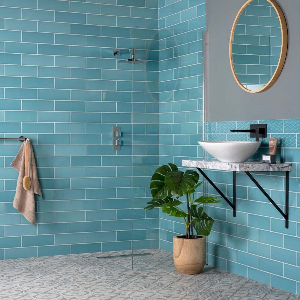 Blue tiled wet room with plant