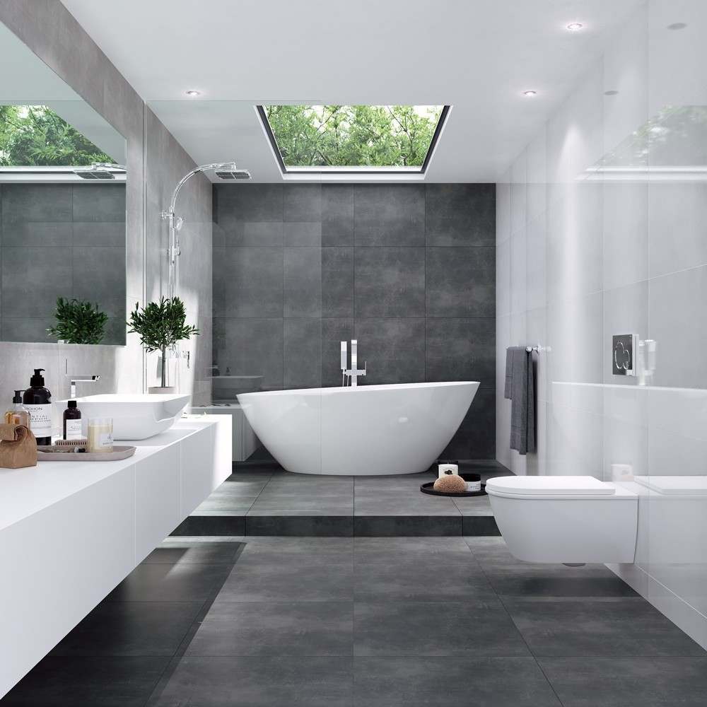 Black and white wet room with bath