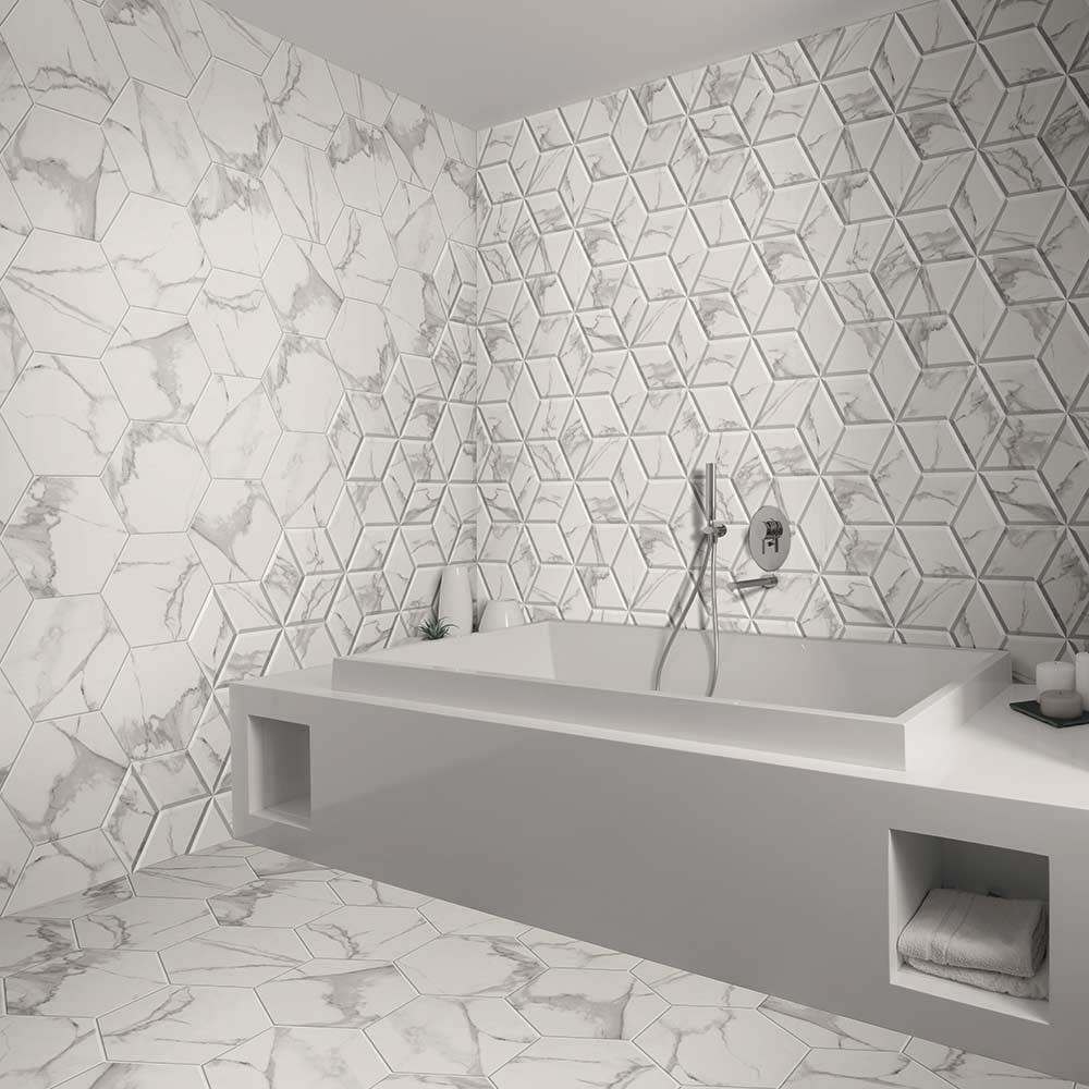 hexagonal marble tiles in a white bathroom