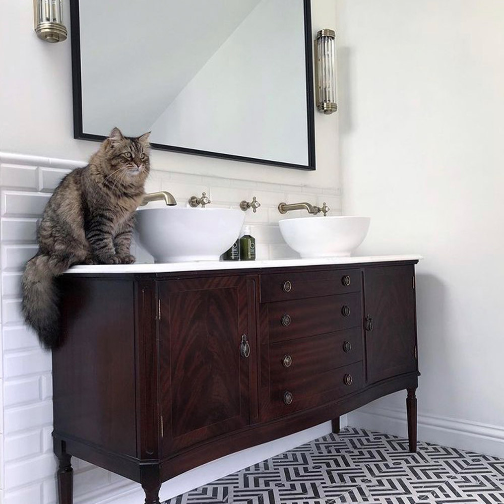 a cat sitting on an antique wooden cabinet in a bathroom
