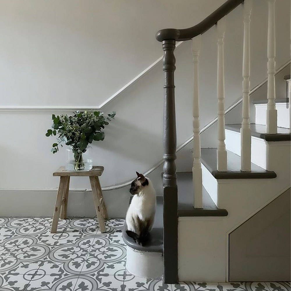 brown and white cat sitting at the bottom of a staircase