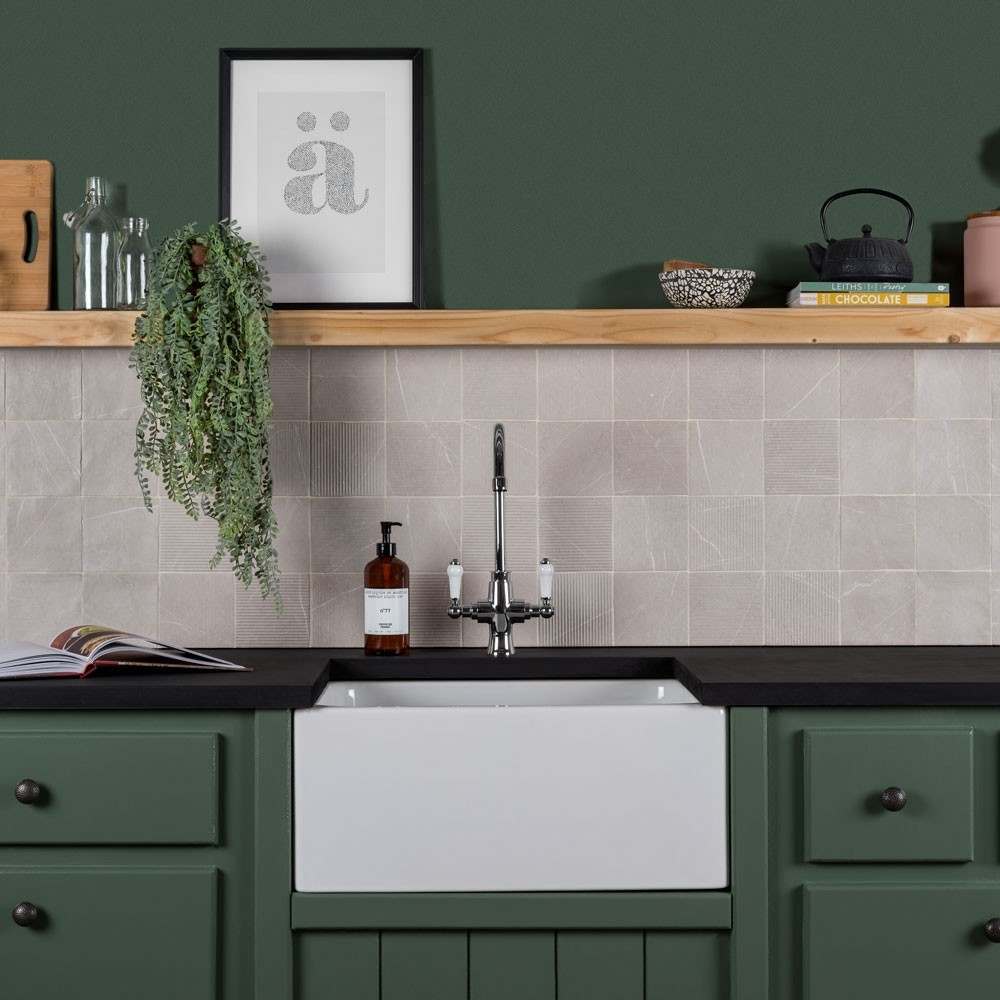 different textured gea tiles as a splashback in a green kitchen 
