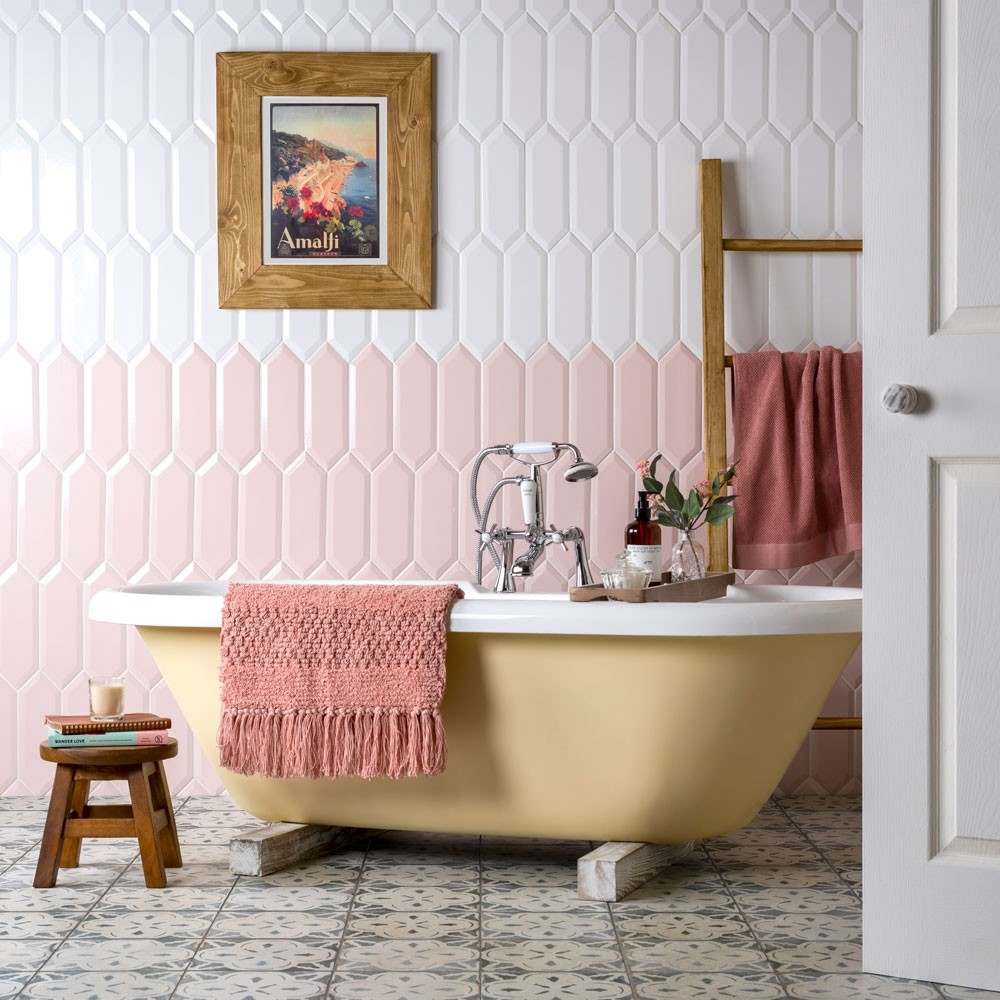 pink and white pickett tiles, picket tiles, elongated hexagon tiles, pink hexagon bathroom tiles, pink bathroom tiles