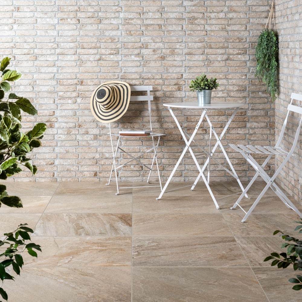 icaria plus ocre beige porcelain paving slabs with beige brick slip effect tiles