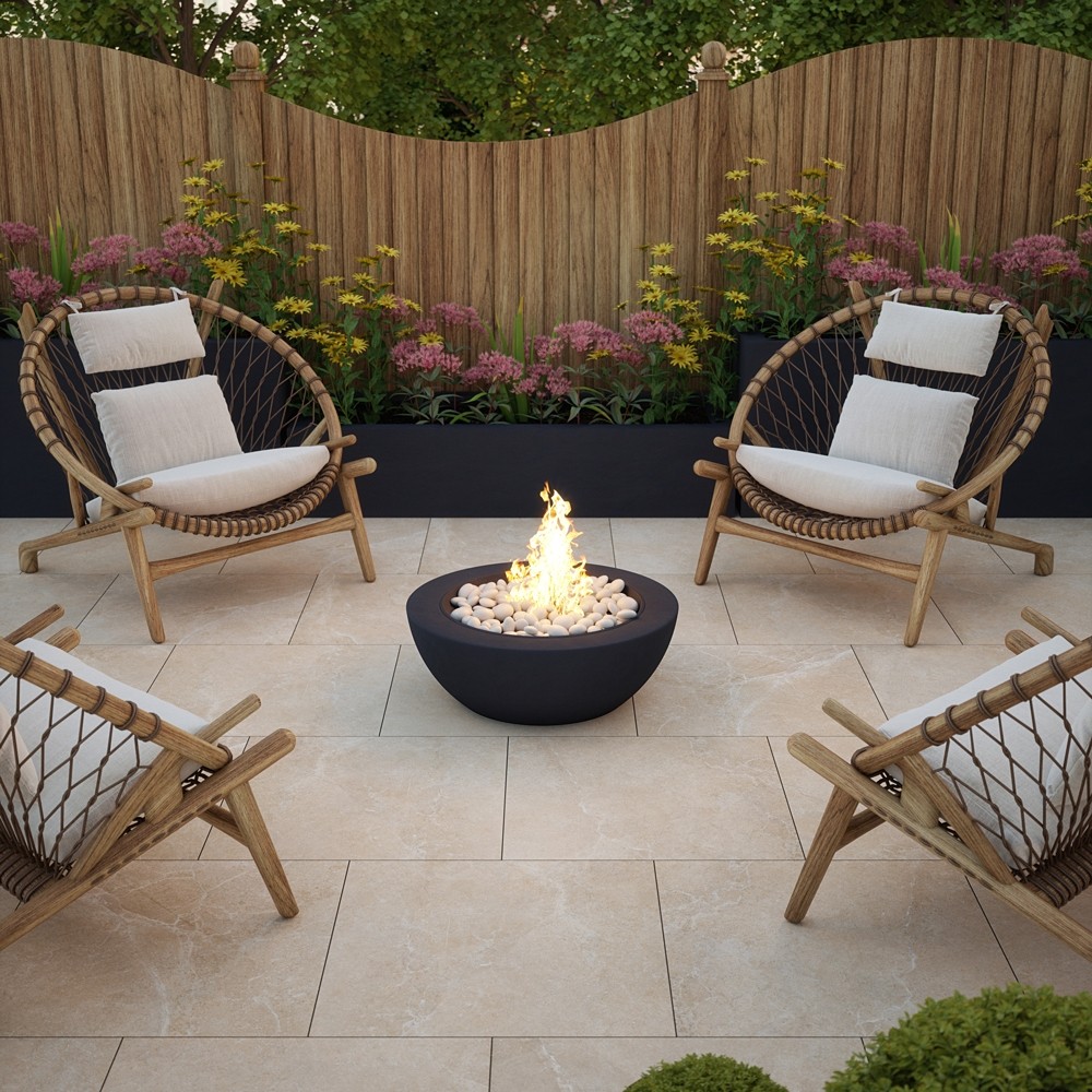 clifton bone porcelain paving slabs outdoors with firepit 