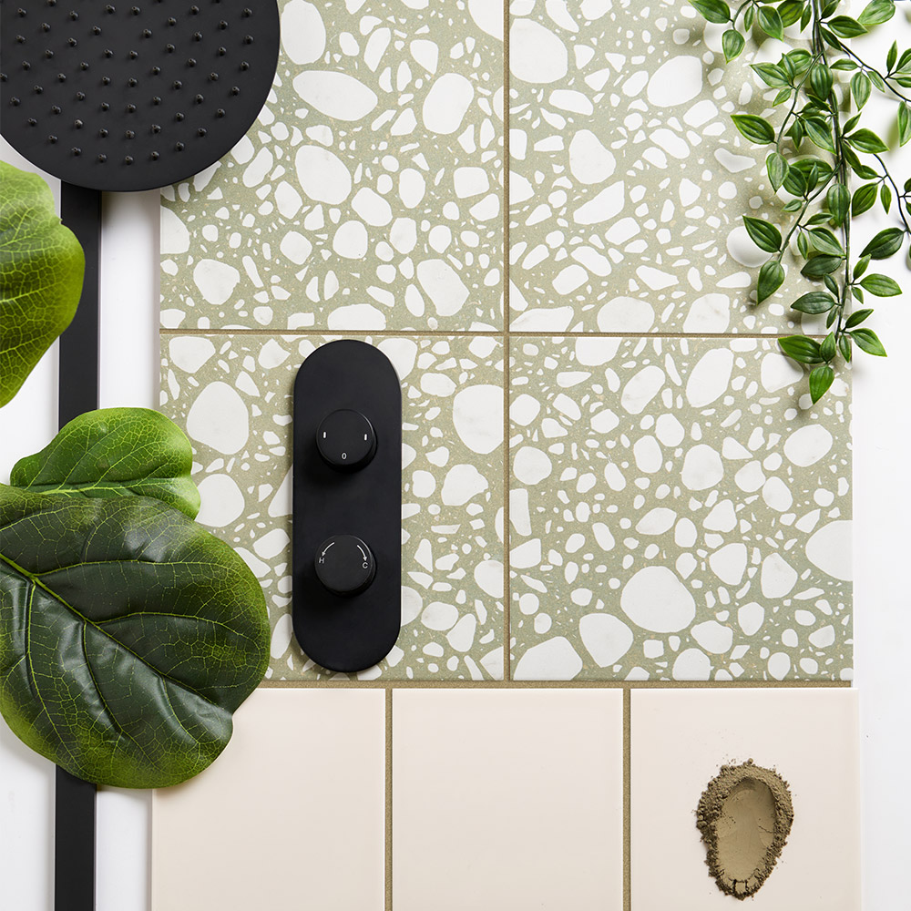 terrazzo effect green and white marble effect tiles with mallo pick n mix capsule square ceramic tiles with green plants