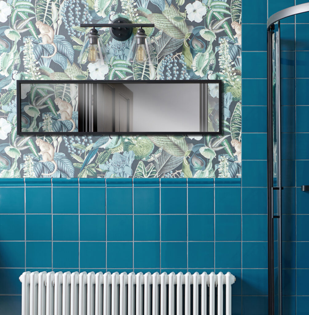 Kalami bay bright blue ceramic square tiles with brightly coloured jungle wallpaper