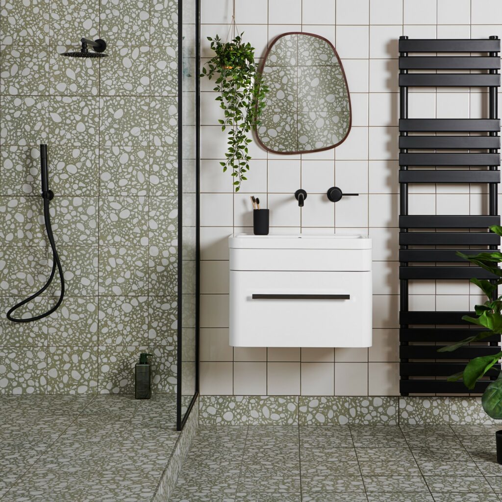 terrazzo effect green and white marble effect tiles with mallo pick n mix capsule square ceramic tiles with green plants