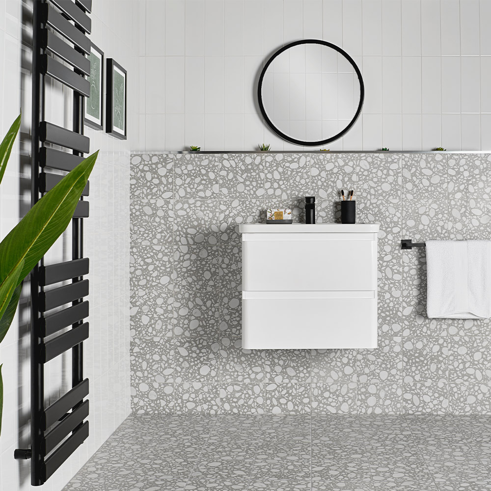 Mizuki light grey and white marble terrazzo effect square tiles