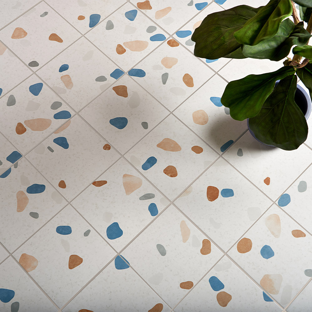 contemporary style popsical terrazzo effect tile italian design grey cream orange brown and blue
