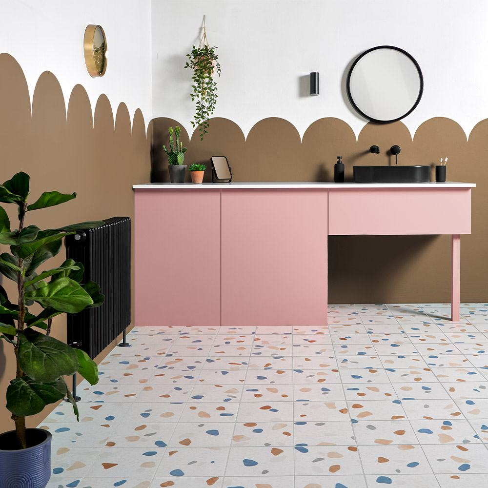 contemporary style popsical terrazzo effect tile italian design grey cream orange brown and blue