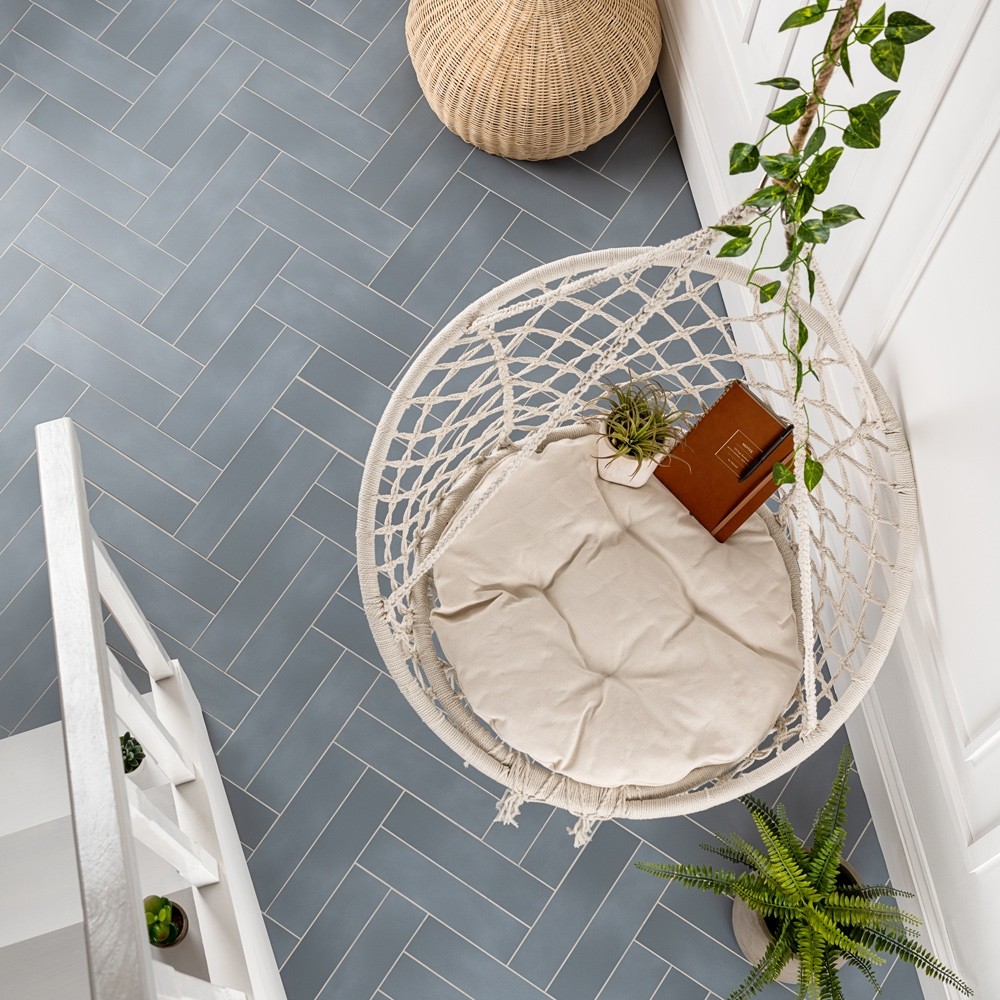 Blue metro tiles elongated brick shaped herringbone hallway floor tiles