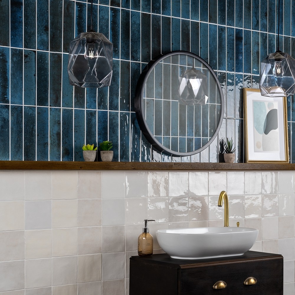 Blue metro tiles elongated brick shaped bathroom wall tiles