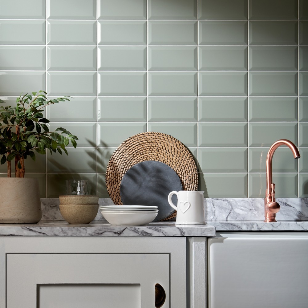 green metro tiles bevelled brick shaped kitchen splashback wall tiles