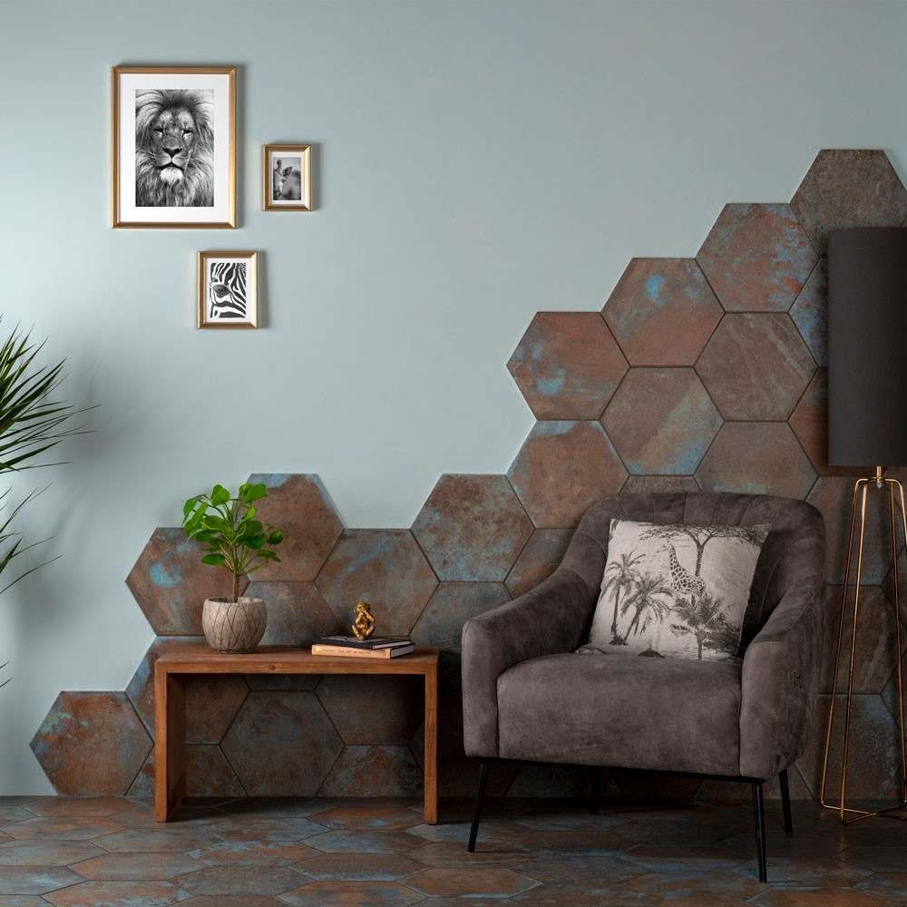 new tiles for 2022 oxidised weathered brown hexagon living room wall and floor tiles