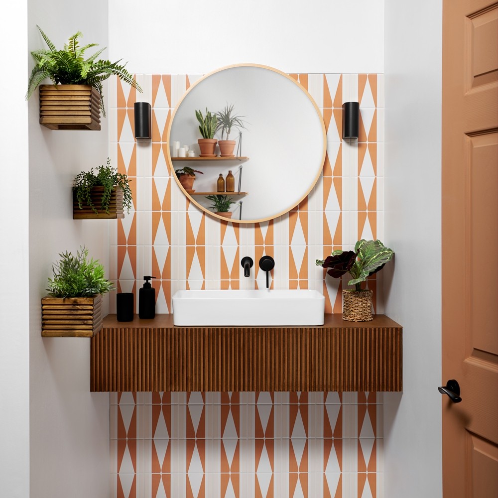 new tiles for 2022 geometric orange pattern statement bathroom wall tiles