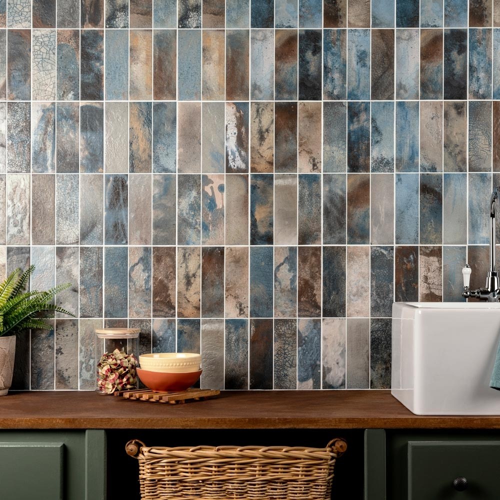 new tiles for 2022 raku blue rustic metro brick shaped kitchen wall tiles