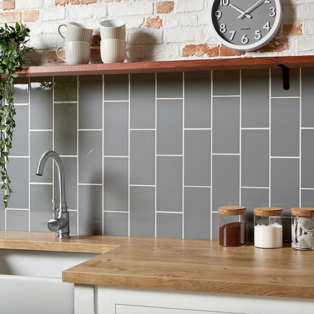 grey metro tiles brick shaped gloss kitchen splashback wall tiles