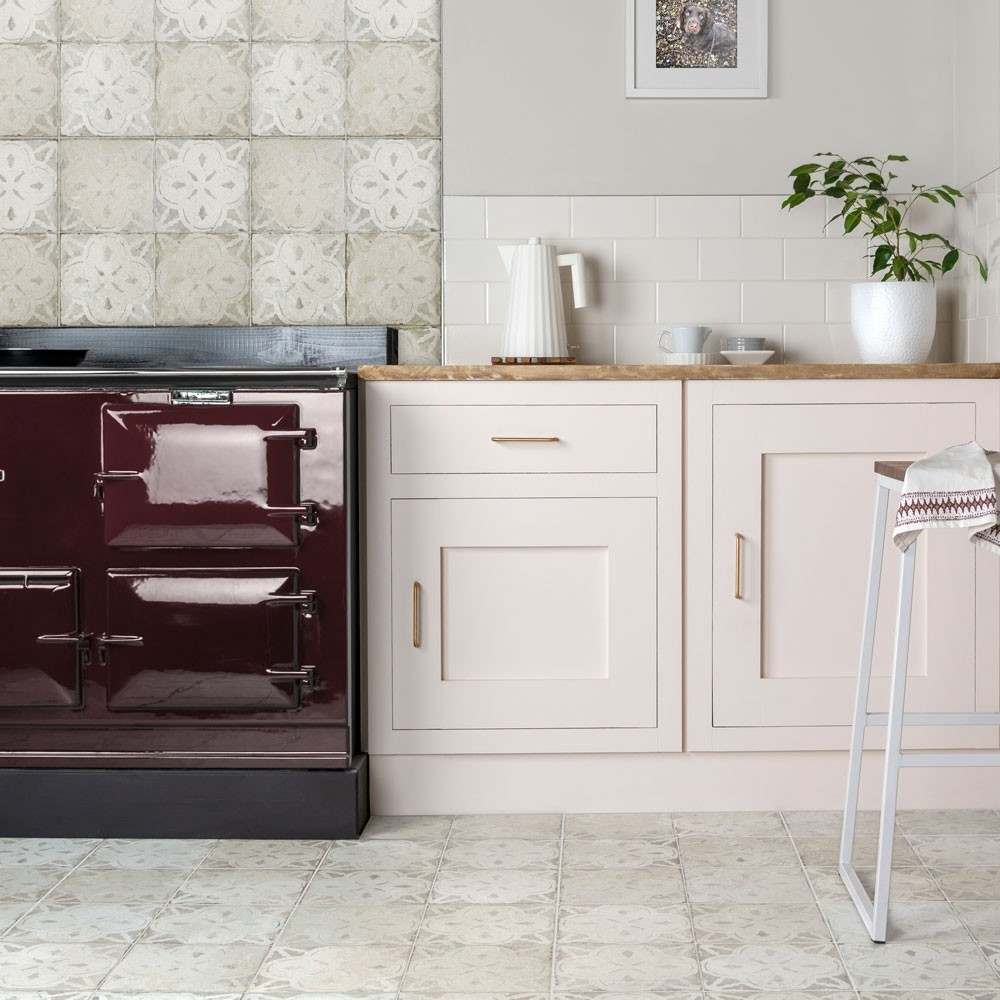 pale faded patterned kitchen splashback wall and floor tiles