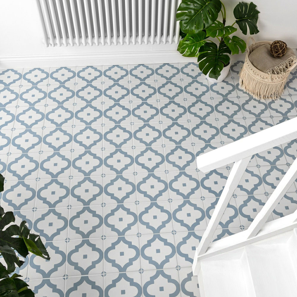 Light blue and white traditional patterned flooring.