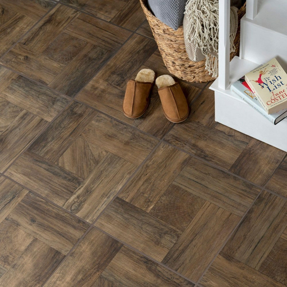 Wood effect tiles in a sqaure design.