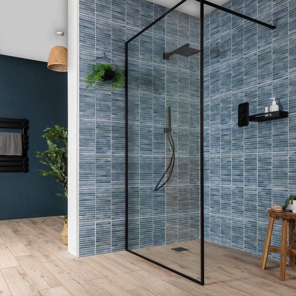 Blue bathroom style with meraki kitt-kat bleu in wet room shower area styling with matt black shower screen.