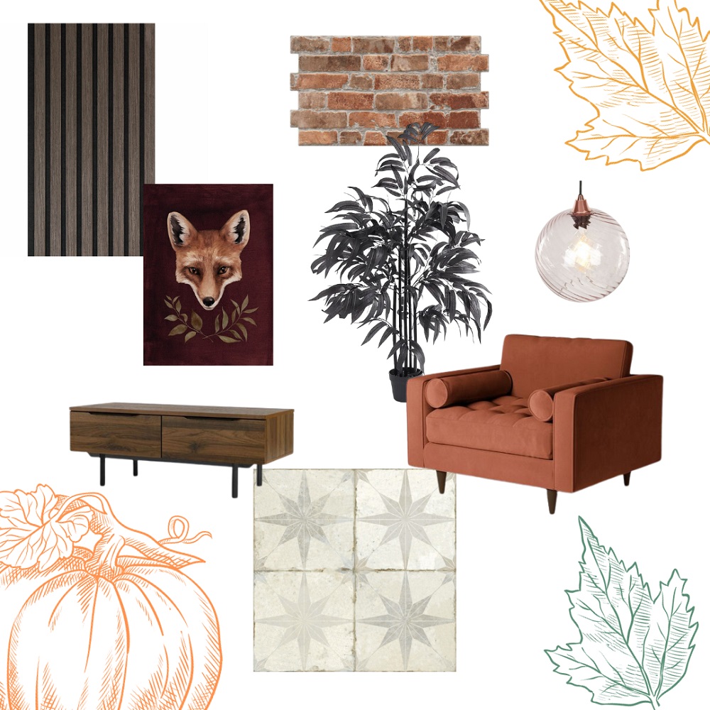 Dark and deep autumn interior mood board with products ranging from wood wall panels, tiles, plants, armchairs and prints.