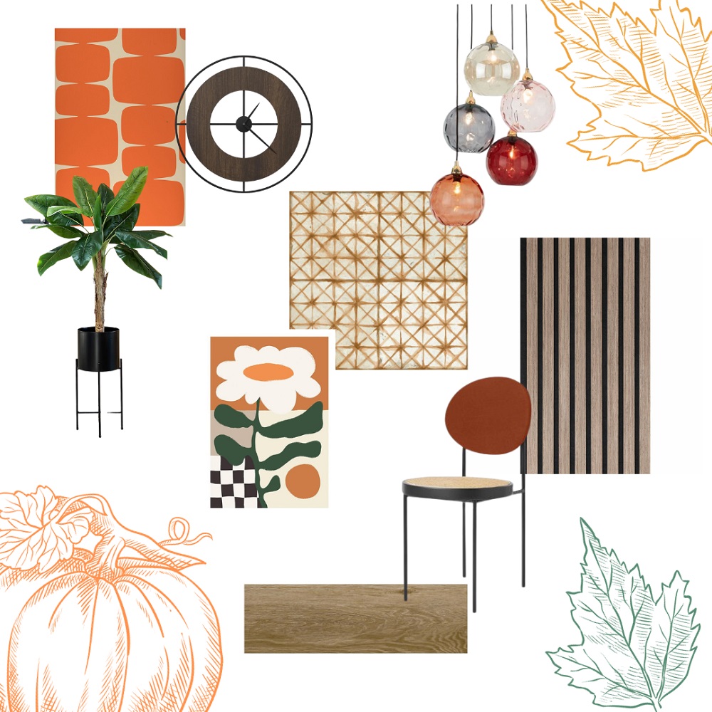 Range of orange and mid tone brown autumn interior pieces including wallpaper, clock, plant, pendant lights, tiles, wood wall panels, chairs and prints. 