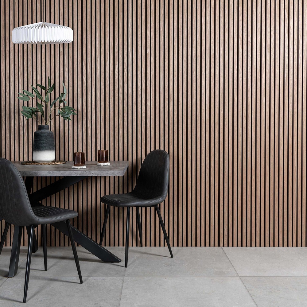 Wood slat wall panels with dining table and chairs in grey stone effect design.