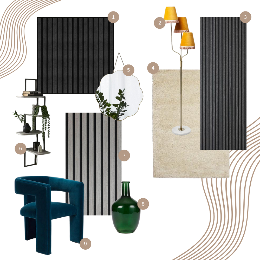 Mood board for a contemporary living space with a bold and sophisticated colour palette. Top left is a dark wood wall panel that sets a dramatic backdrop. A striking floor lamp with dual yellow lampshades adds a vibrant touch against the neutral toned fluffly area rug, suggesting a cosy yet stylish living area. Another wall panel with vertical lines complements the first, providing visual harmony. The central focus is an abstract mirror, bringing a refreshing element to the space. Below, a three tiered wall shelf displays chic decorative items and plants, merging functionality with modern design. A second wall panel featuring a mix of dark and light vertical stripes offers a contrasting texture and pattern. A richly coloured velvet chair in a deep teal presents comfortable seating with a touch of luxury for office design. 